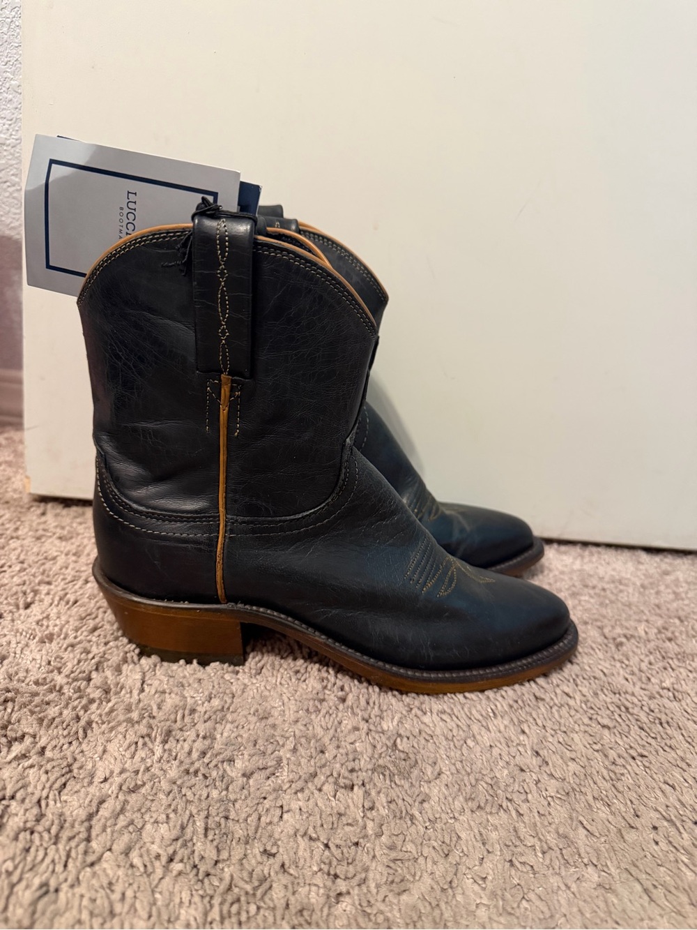 Lucchese Black Leather Cowboy Boots with Tan Accents - Picture 2 of 9